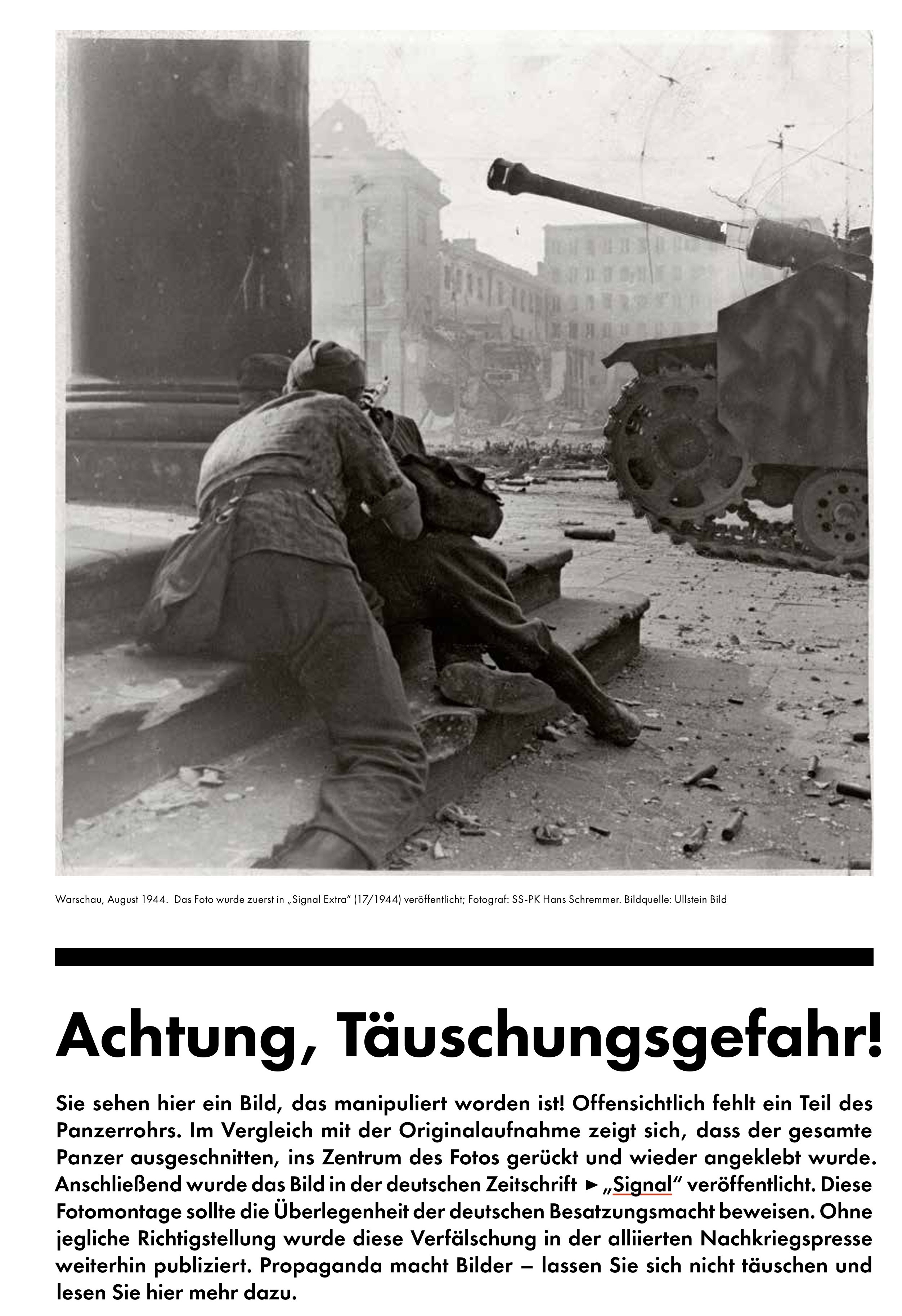 Zeitung zur Ausstellung „Auf beiden Seiten der Barrikade. Fotografie und Kriegsberichterstattung im Warschauer Aufstand 1944“ Fotocredit: Berliner Landeszentrale für politische Bildung / Ullstein Bild
