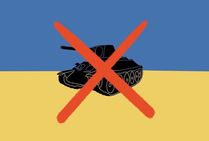 Ukrainische Flagge mit einem durchgestrichenen Panzer