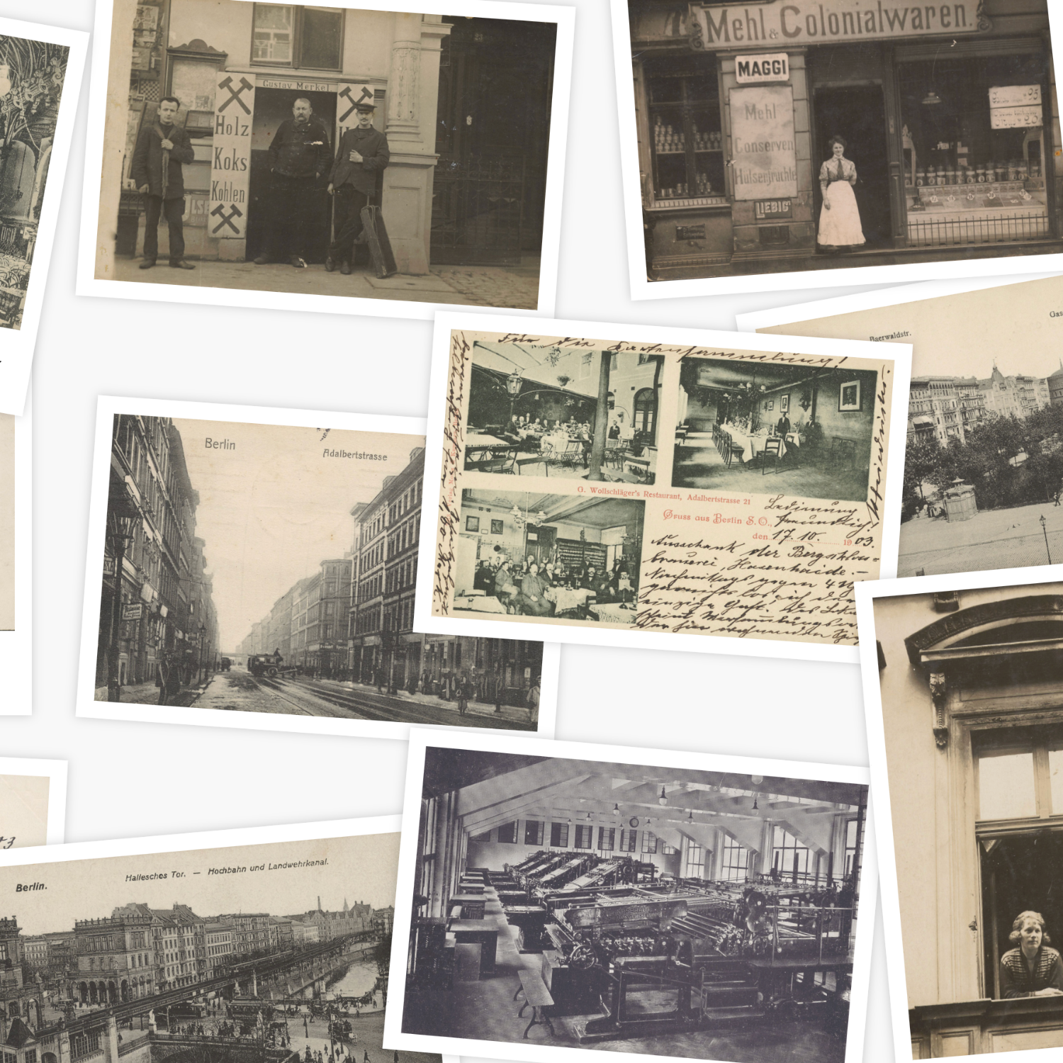 Eine Sammlung von Postkarten aus Berlin-Kreuzberg, aus der Zeit vor 1945.