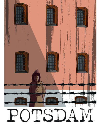 Grafik die eine Gefängnisfront und davorstehend eine Person mit Kaputzenpullover zeigt. Im Vordergrund zieht man Stacheldraht.