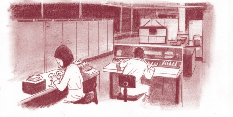 Das Bild zteigt eine Grafik-Zeichung mit zwei Personen die jhweils an einem Schreibtisch sitzen und EVD Geräte bedienen.