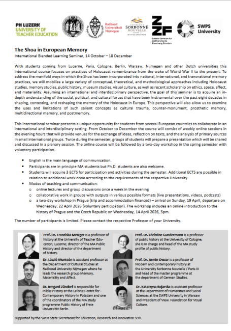 Programmposter des International Blended Learning Seminars 2025/2026. Es listet die Inlate des Programms und die Teilnahmebedinguen auf. Zudem werden im unteren Bereich des Poster-Flyers die sechs Seminarleiter*innen mit kurzem Text und einem Portraitfoto vogestellt.