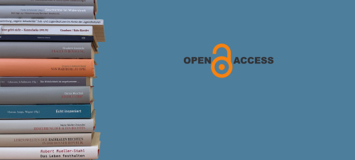 Das Grafikbild für den Startseiten-Slider zum Open Access zeigt links einen Stapel mit am ZZF entstndenen Büchern und in der Mitte das Open Access Logo mit dem Schriftzug Open Access.