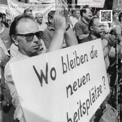 Auf dem Bild sind Demonstrierende zu sehen, sie halten ein Banner mit der Aufschrift "Wo bleiben die neuen Arbeitsplätze".